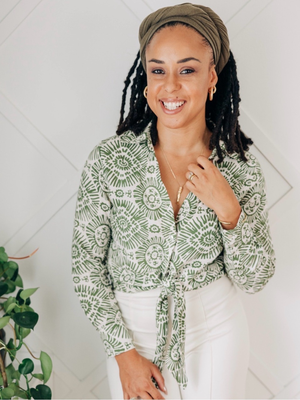 Haute Hippie Green Printed Tie-Front Button Down Blouse N0476